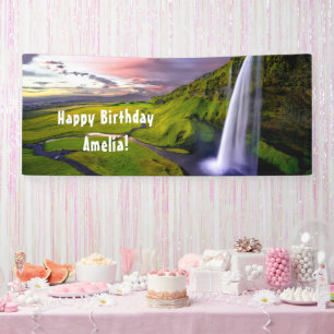 Icelandic Waterfall Green Nature Photo Birthday Banner