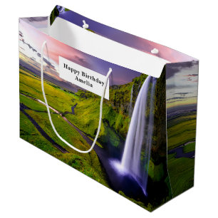 Icelandic Waterfall Green Nature Photo Birthday Large Gift Bag