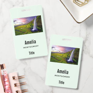 Icelandic Waterfall Green Nature Photo Business ID Badge