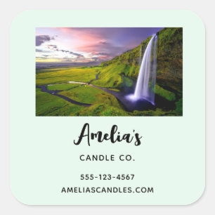 Icelandic Waterfall Green Nature Photo - Business Square Sticker