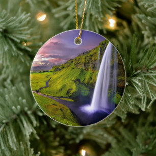 Icelandic Waterfall Green Nature Photo Ceramic Ornament