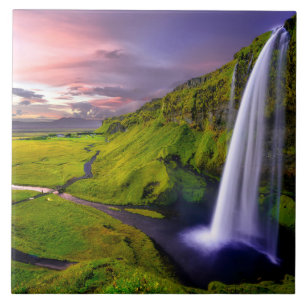 Icelandic Waterfall Green Nature Photo Ceramic Tile