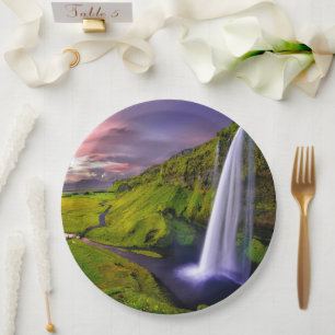 Icelandic Waterfall Green Nature Photo Paper Plate
