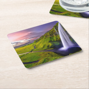 Icelandic Waterfall Green Nature Photo Square Paper Coaster
