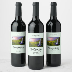 Icelandic Waterfall Green Nature Photo Wine Making Label