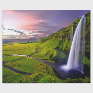Icelandic Waterfall Green Nature Photo Wrapping Paper