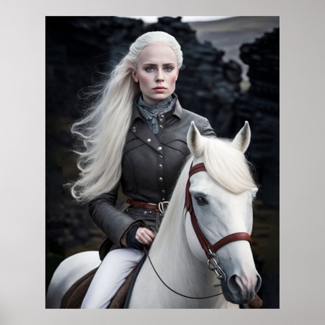 Icelandic Woman on White Horse Photograph Poster (Front)