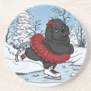 Iceskating Newfoundland Puppy Winter Wonderland Coaster
