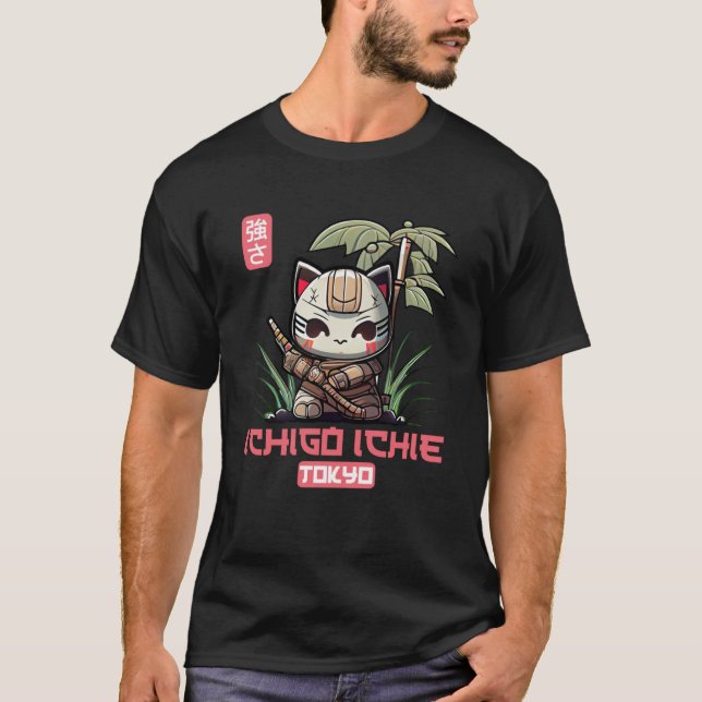 Ichigo Ichie Chibi Kitten Samurai with Cherry Blos T-Shirt (Front)
