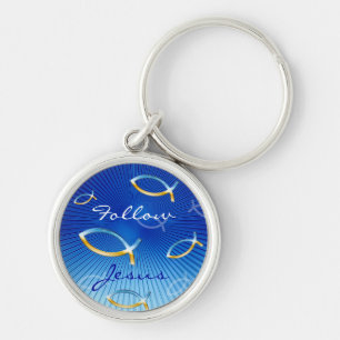 Ichthus Pattern on Blue Background Key Ring