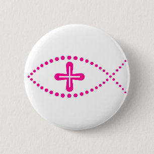 Ichthus Pink Christian Fish 6 Cm Round Badge