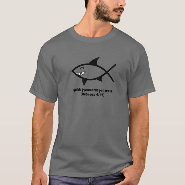 Ichthys Face Shark - Quick Powerful Sharper Jesus T-Shirt (Front)