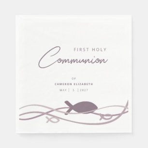 Ichthys Wave Design Purple Girl's First Communion Napkin