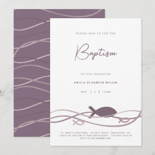 Ichthys Waves Blush Purple - Modern Baptism Invitation