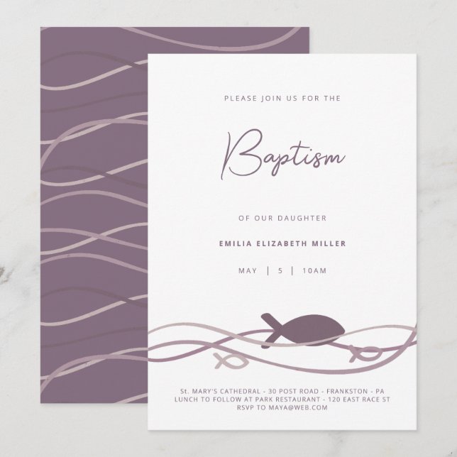 Ichthys Waves Blush Purple - Modern Baptism Invitation (Front/Back)