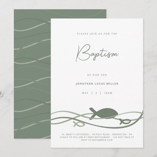 Ichthys Waves Green - Modern Minimalist Baptism Invitation (Front/Back)