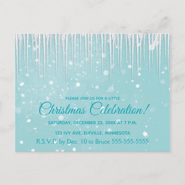 Icicles in Winter Aqua Christmas Party Invitation Postcard (Front)