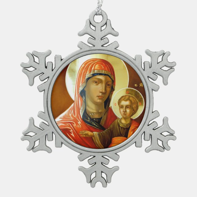 Icon of Saint Mary With Lord Jesus Snowflake Pewter Christmas Ornament (Front)