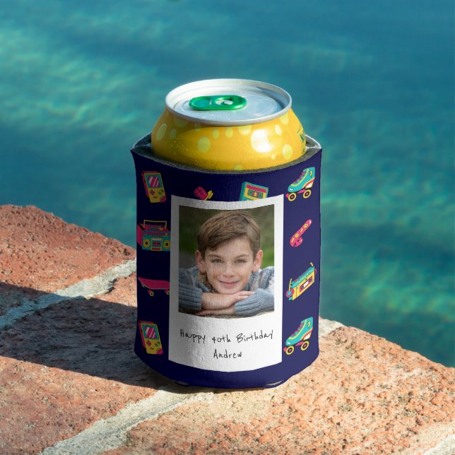 Iconic 90's Birthday Gift, navy blue with photo Can Cooler (In Situ Pool)