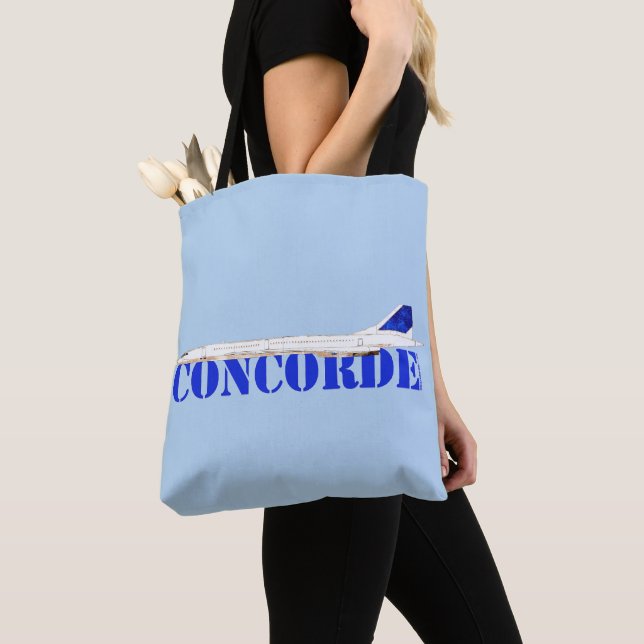 Iconic Concorde Jet with Bold Blue Typography Tote Bag (Close Up)