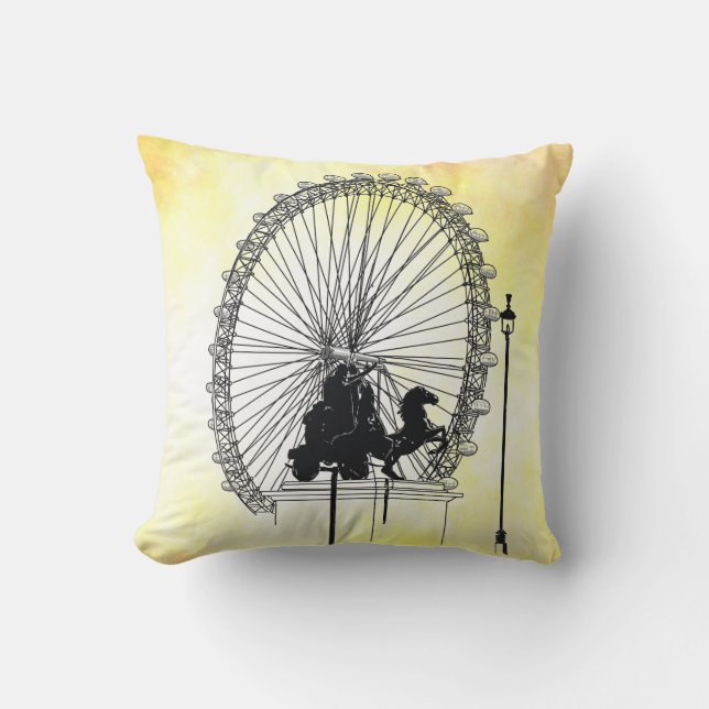 Iconic London Attraction Pen and Ink  Yellow Base Cushion (Front)