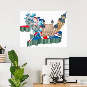 Iconic London Landmarks UK Map British Travel Poster