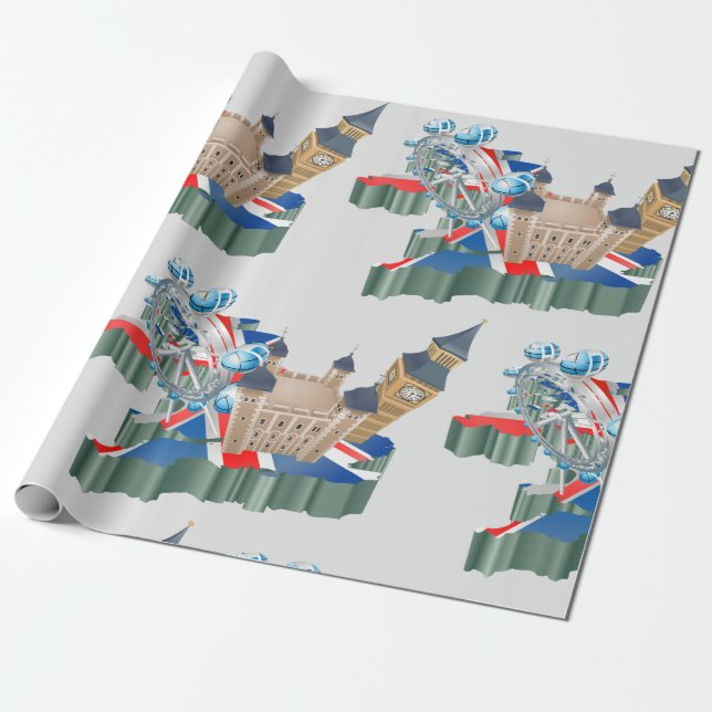 Iconic London Landmarks UK Map British Travel Wrapping Paper (Unrolled)