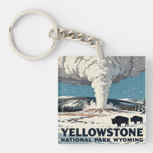 Iconic Old Faithful Yellowstone Geyser Park Key Ring