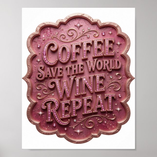 Iconic Pink COFFEE SAVE THE WORLD WINE REPEAT Poster (Front)