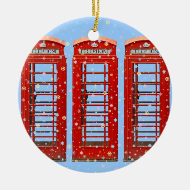 Iconic Red London Phone Boxes Pastel Snowflakes Ceramic Ornament (Front)