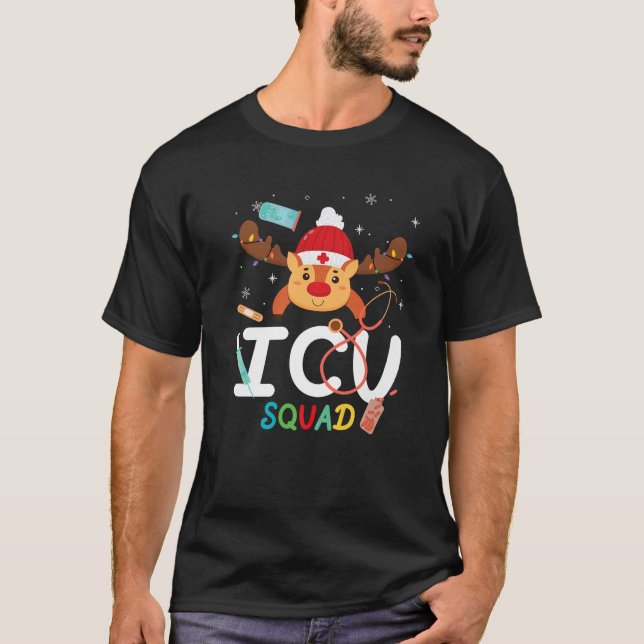 ICU Squad Funny Reindeer Stethoscope Nurse Doctor  T-Shirt (Front)