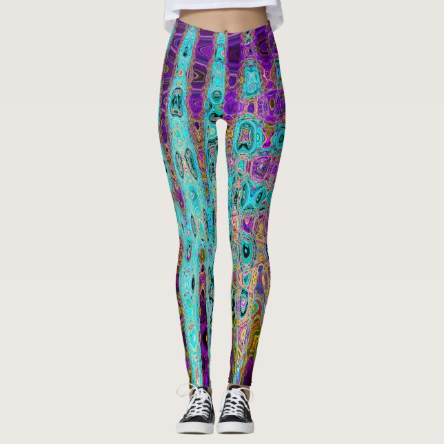 Icy Aqua Blue Groovy Abstract Retro Atomic Waves Leggings (Front)