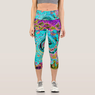 Icy Aqua Blue Groovy Abstract Retro Liquid Swirl Capri Leggings
