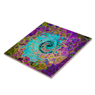Icy Aqua Blue Groovy Abstract Retro Liquid Swirl Ceramic Tile