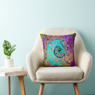 Icy Aqua Blue Groovy Abstract Retro Liquid Swirl Cushion