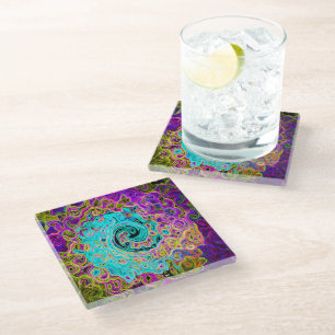Icy Aqua Blue Groovy Abstract Retro Liquid Swirl Glass Coaster
