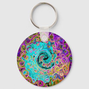 Icy Aqua Blue Groovy Abstract Retro Liquid Swirl Key Ring