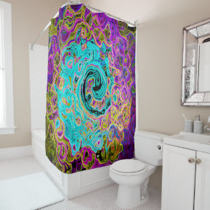 Icy Aqua Blue Groovy Abstract Retro Liquid Swirl Shower Curtain