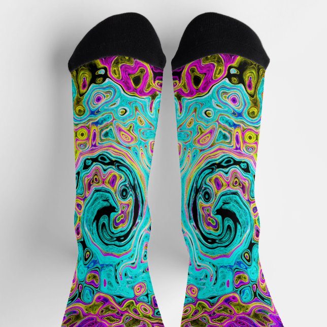 Icy Aqua Blue Groovy Abstract Retro Liquid Swirl Socks (Top)