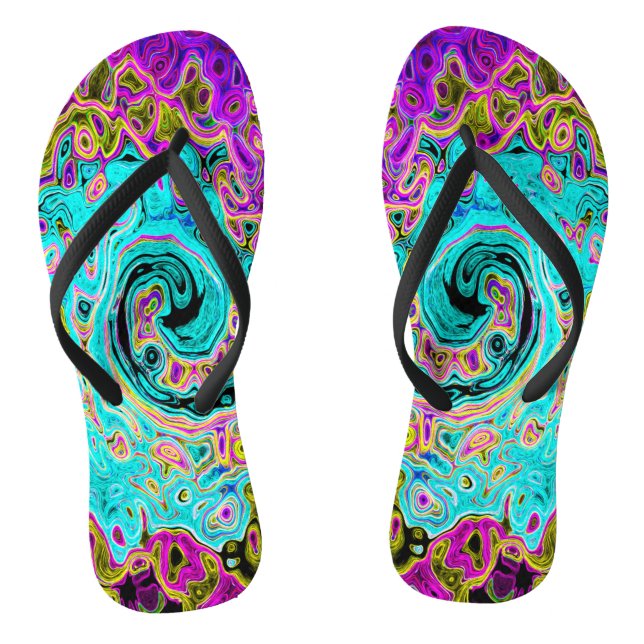 Icy Aqua Blue Groovy Abstract Retro Liquid Swirl Thongs (Footbed)