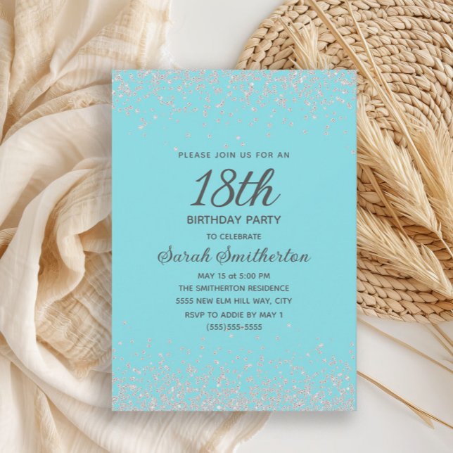Icy Aqua Blue Silver Diamond Glitter 18th Birthday Invitation (Elegant icy aqua blue and silver glitter women's 18th birthday party invitation)
