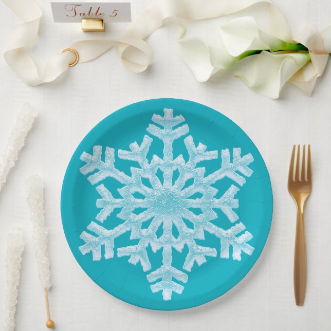 Icy Aqua Teal Frozen Snowflake Winter Christmas Paper Plate (Wedding)