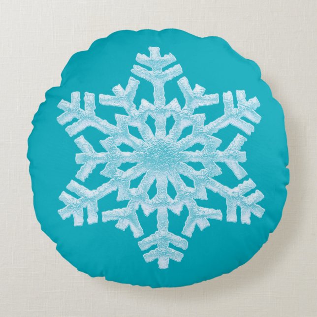 Icy Aqua Teal Frozen Snowflake Winter Christmas Round Cushion (Front)
