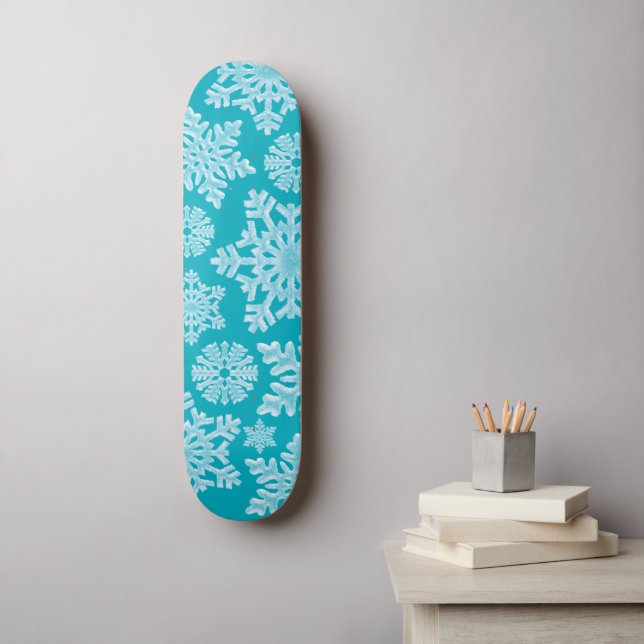 Icy Aqua Teal Frozen Winter Snowflakes Christmas Skateboard (Wall Art)