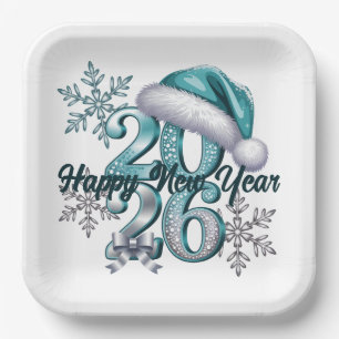 Icy Blue 2026 with Santa Hat and Snowflakes Paper Plate