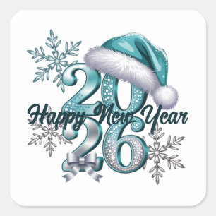Icy Blue 2026 with Santa Hat and Snowflakes Square Sticker