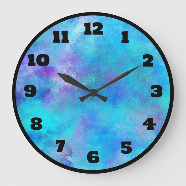 Icy Blue and Purple Watercolor Abstract Design Large Clock (Front)