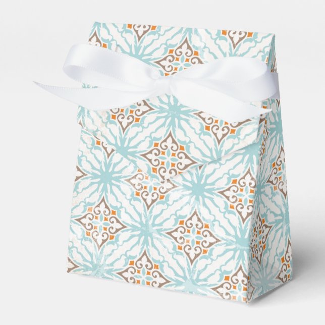 Icy Blue and Tan Damask Wedding Favour Boxes (Front Side)