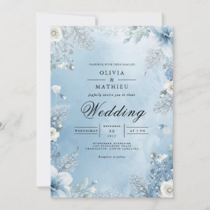 Icy Blue Floral Frame Wedding Invitation