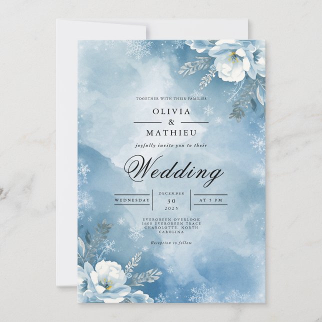 Icy Blue Floral Winter Wedding Invitation (Front)